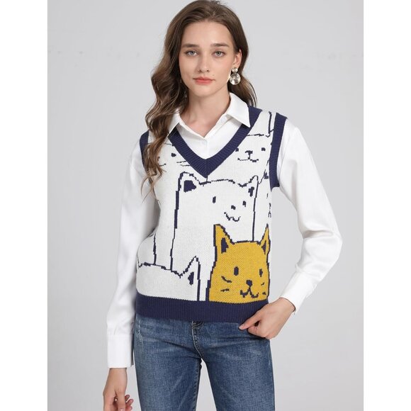 Womens Cats Print Knit Sweater Vest V Neck Sleeveless Tank Top Small - Picture 4 of 7